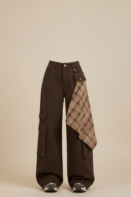 Pantalon Marron Cargo Plaid Ample Taille Haute - Toile - vue 3