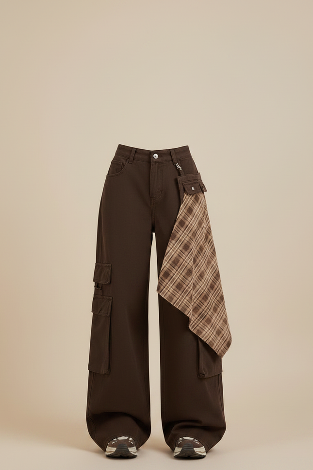 Pantalon Marron Cargo Plaid Ample Taille Haute - Toile - vue 3