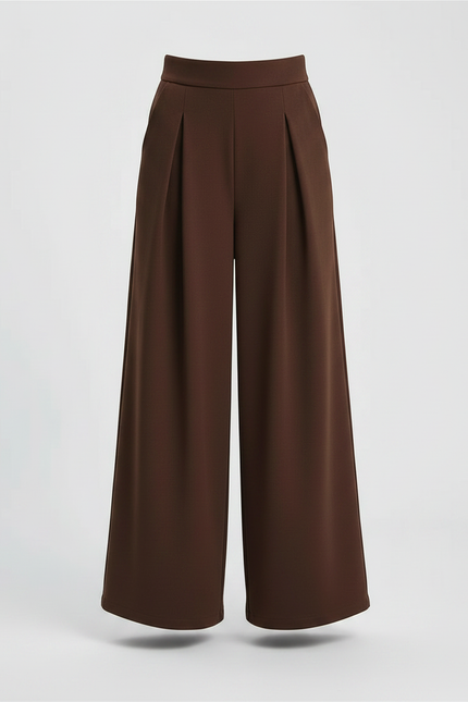 Pantalon Marron Large Plissé Taille Haute Élégant Femme - Polyester - vue 3