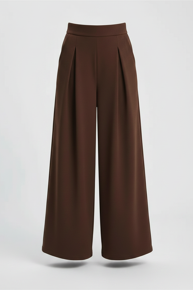 Pantalon Marron Large Plissé Taille Haute Élégant Femme - Polyester - vue 3