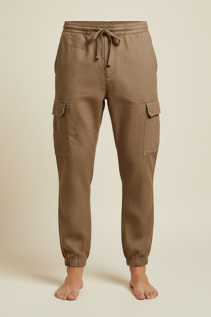 Pantalon Marron Homme Coton Lin Cargo Jogger Décontracté - vue 3