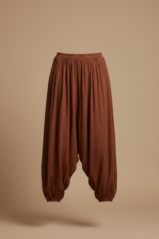 Pantalon Marron Ample Plissé Décontracté Harem Bouffant - Lin - vue 3