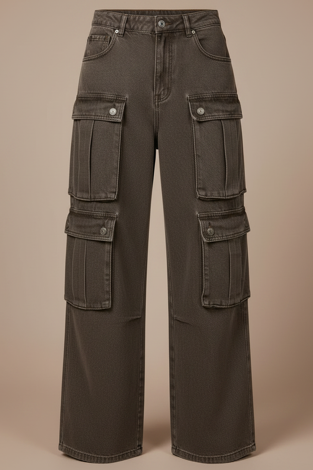 Pantalon Marron Cargo Vintage Délavé Ample Multi-Poches - Kaki Jean - vue 3