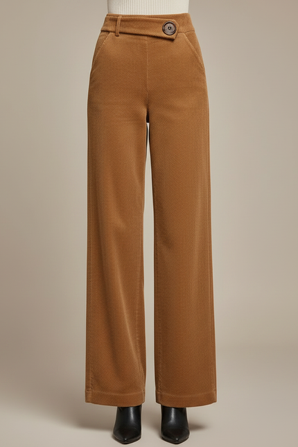 Pantalon Marron Côtelé Ample Droit Élégant Femme - Camel Cordé - vue 3