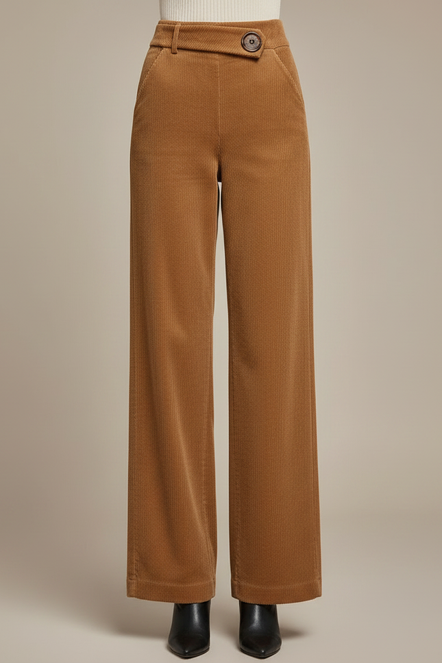 Pantalon Marron Côtelé Ample Droit Élégant Femme - Camel Cordé - vue 3