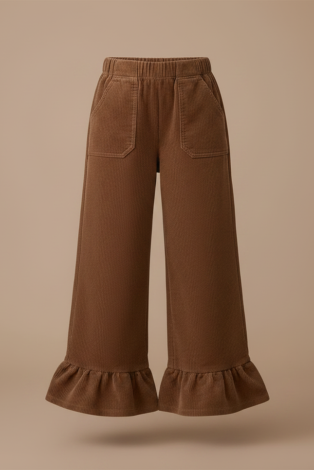 Pantalon Marron Côtelé Évasé Volants Confortable Fille - Cordé - vue 3