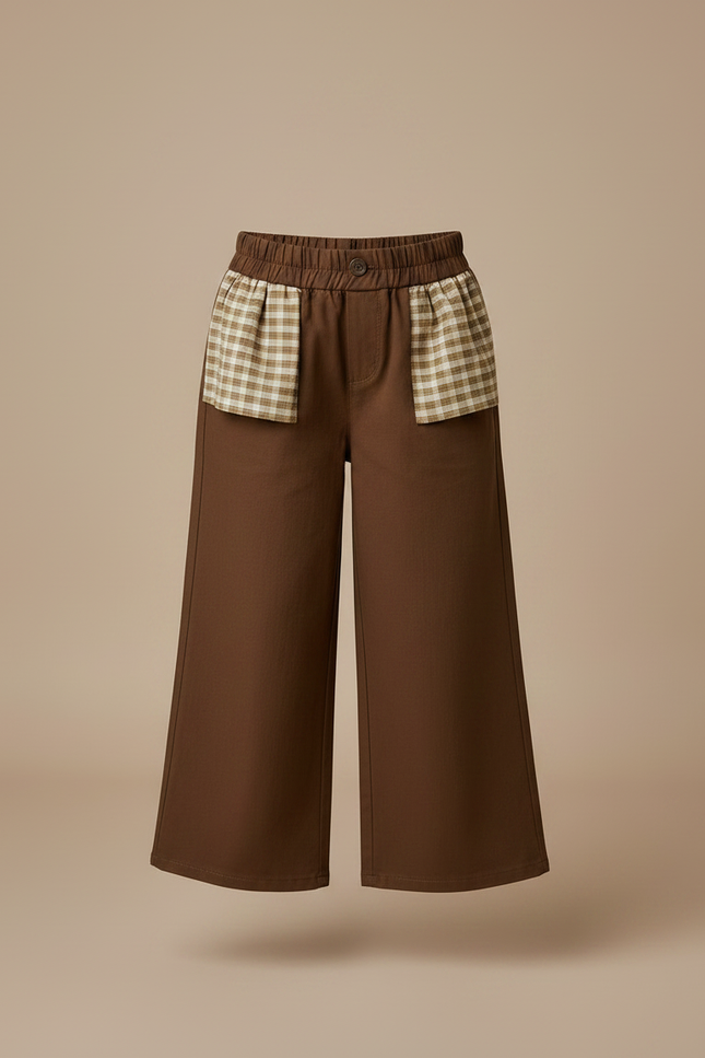 Pantalon Marron Fille Ample Carreaux Élastique - Gabardine - vue 3