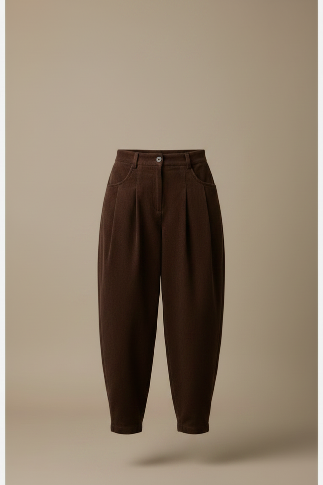 Pantalon Marron Côtelé Ample Plissé Décontracté Femme - Cordé - vue 3