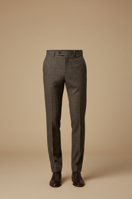Pantalon Marron À Carreaux Coupe Droite Homme Élégant - Laine - vue 3