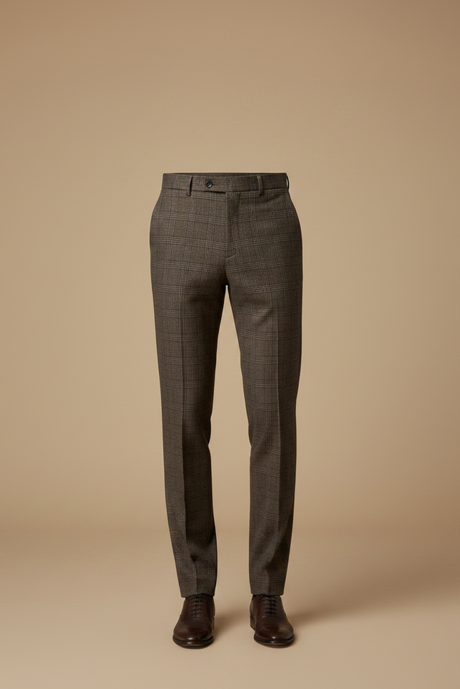 Pantalon Marron À Carreaux Coupe Droite Homme Élégant - Laine - vue 3