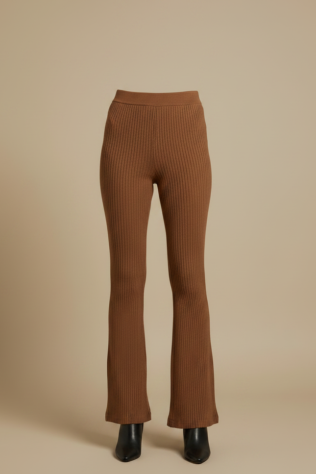 Pantalon Marron Côtelé Évasé Taille Haute Élégant - Maille - vue 3