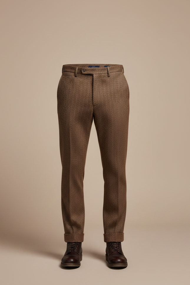 Pantalon Marron Laine Droit Texture Élégant Homme - Tweed - vue 3