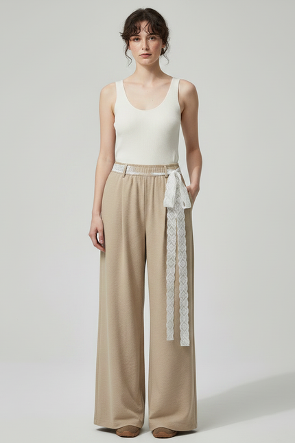 Pantalon Marron Fluide Ample Décontracté Ceinturé Femme - Beige Molleton - vue 3