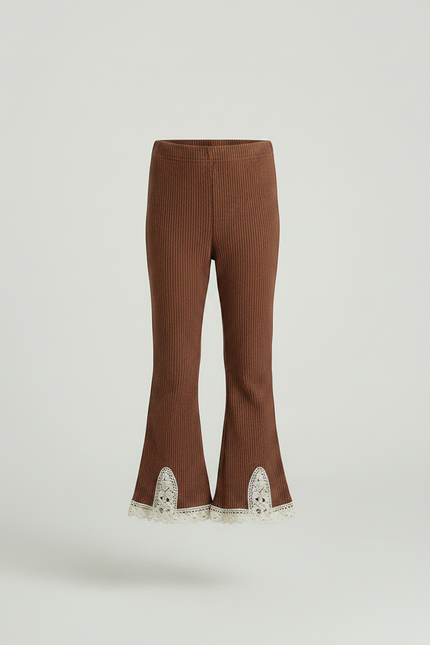 Pantalon Marron Côtelé Évasé Dentelle Enfant Confortable - Maille - vue 3