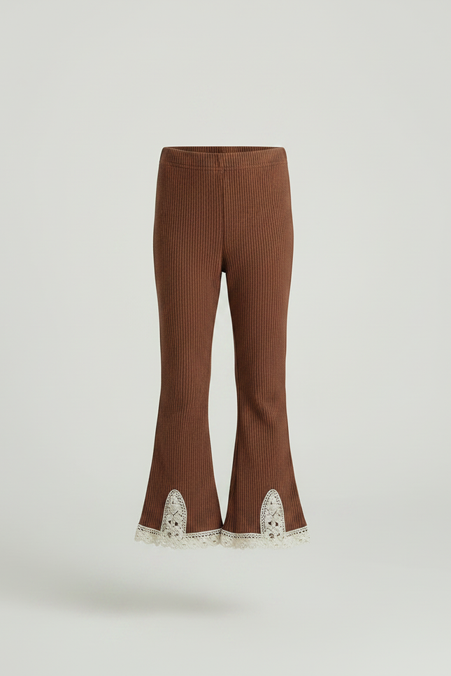 Pantalon Marron Côtelé Évasé Dentelle Enfant Confortable - Maille - vue 3