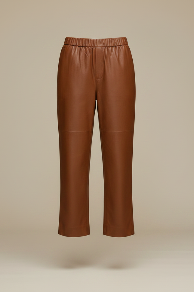 Pantalon Marron Cuir Ample Taille Élastique Élégant - vue 3