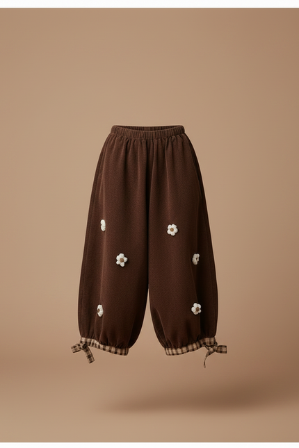 Pantalon Marron Ample Côtelé Fleuri Décontracté Enfant - Cordé - vue 3