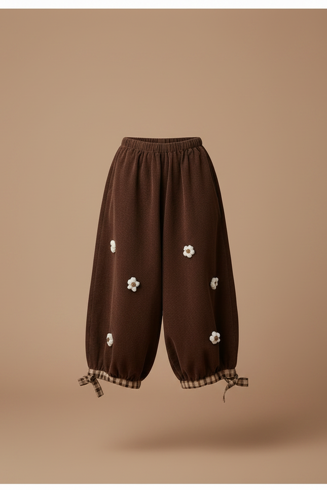 Pantalon Marron Ample Côtelé Fleuri Décontracté Enfant - Cordé - vue 3