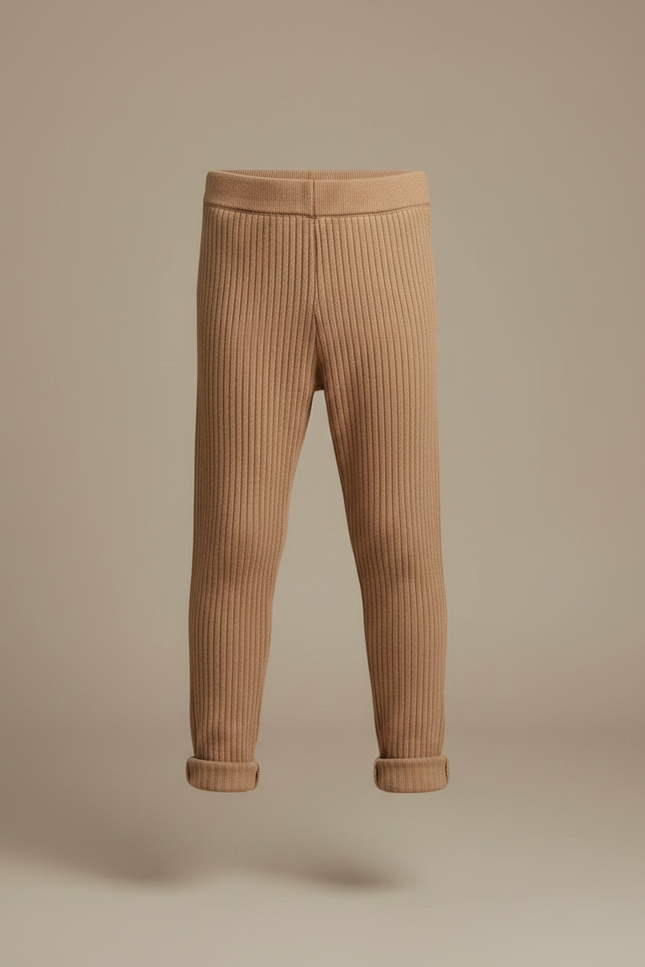 Pantalon Marron Tricoté Côtelé Élastique Confortable Enfant - Camel Maille - vue 3
