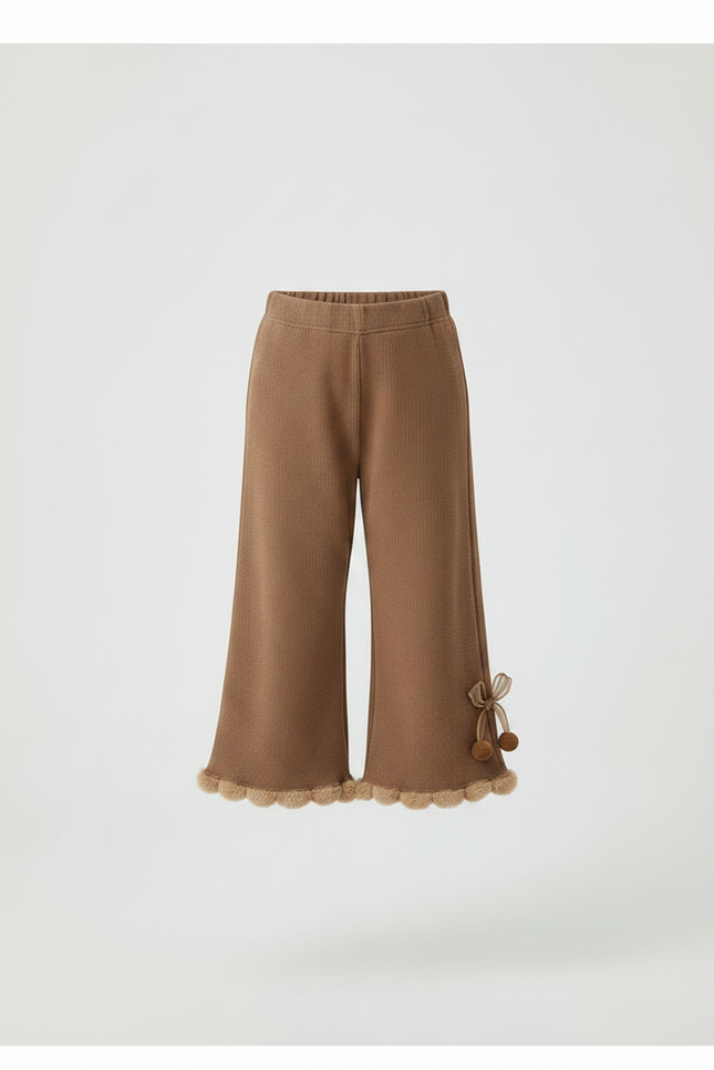 Pantalon Marron Tricoté Évasé Pompons Volants Fille - Maille - vue 3