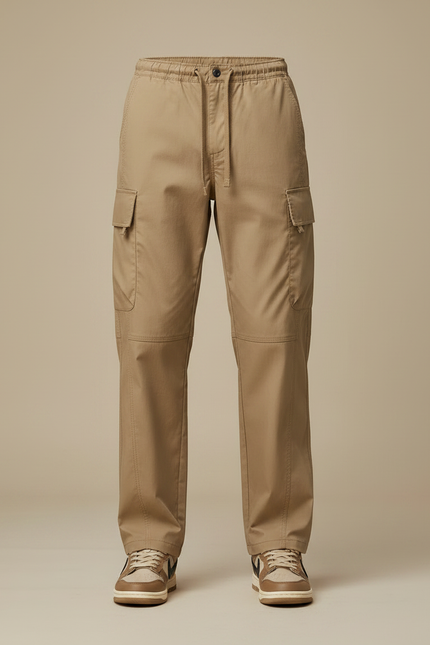 Pantalon Marron Cargo Ample Homme Multipoches Décontracté - Beige Gabardine - vue 3