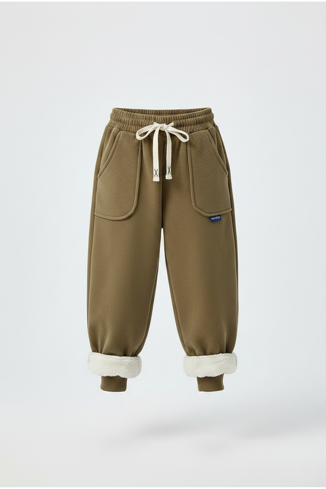 Pantalon Marron Ample Côtelé Doublé Sherpa Enfant - Kaki Cordé - vue 3
