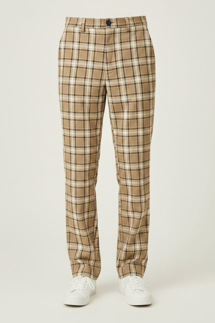 Pantalon Marron Carreaux Écossais Taille Haute Décontracté - Gabardine - vue 3