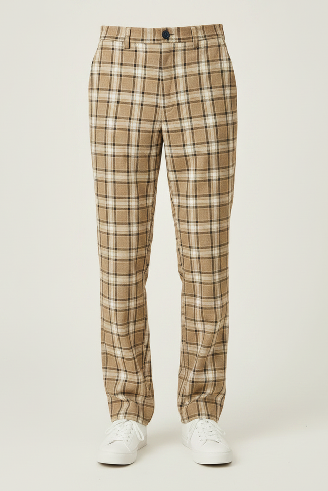 Pantalon Marron Carreaux Écossais Taille Haute Décontracté - Gabardine - vue 3
