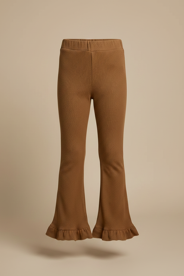 Pantalon Marron Côtelé Tricoté Fille Évasé Volants - Maille - vue 3
