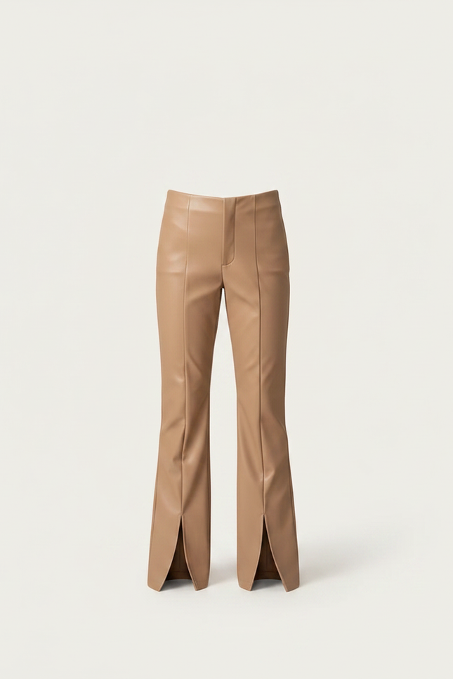 Pantalon Marron Similicuir Fendu Taille Haute Élégant - Camel Simili cuir - vue 3