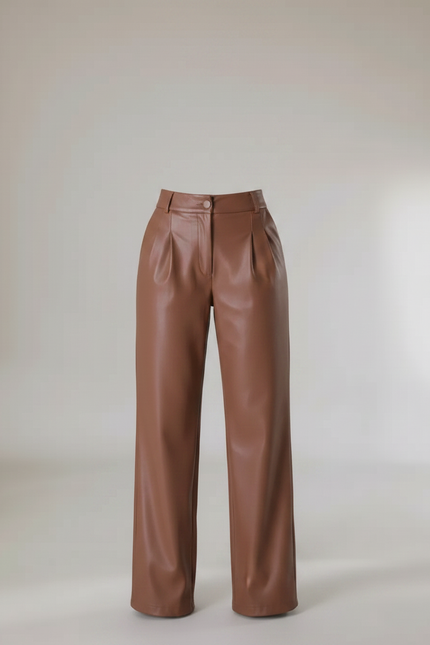 Pantalon Marron Similicuir Ample Taille Haute Plissé - Simili cuir - vue 3