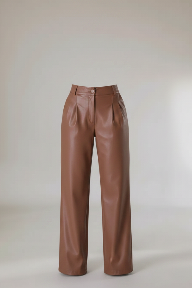 Pantalon Marron Similicuir Ample Taille Haute Plissé - Simili cuir - vue 3