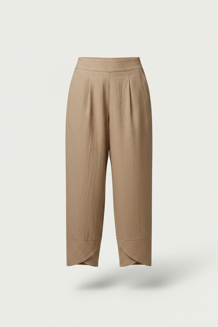 Pantalon Marron Ample Lin Plissé Décontracté Femme - Camel - vue 3