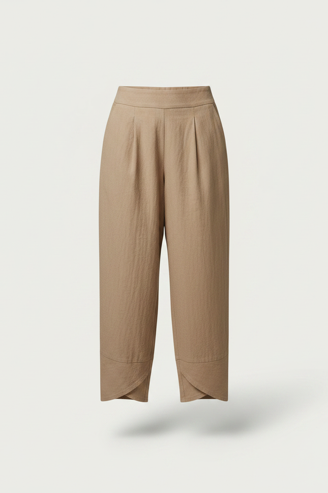 Pantalon Marron Ample Lin Plissé Décontracté Femme - Camel - vue 3