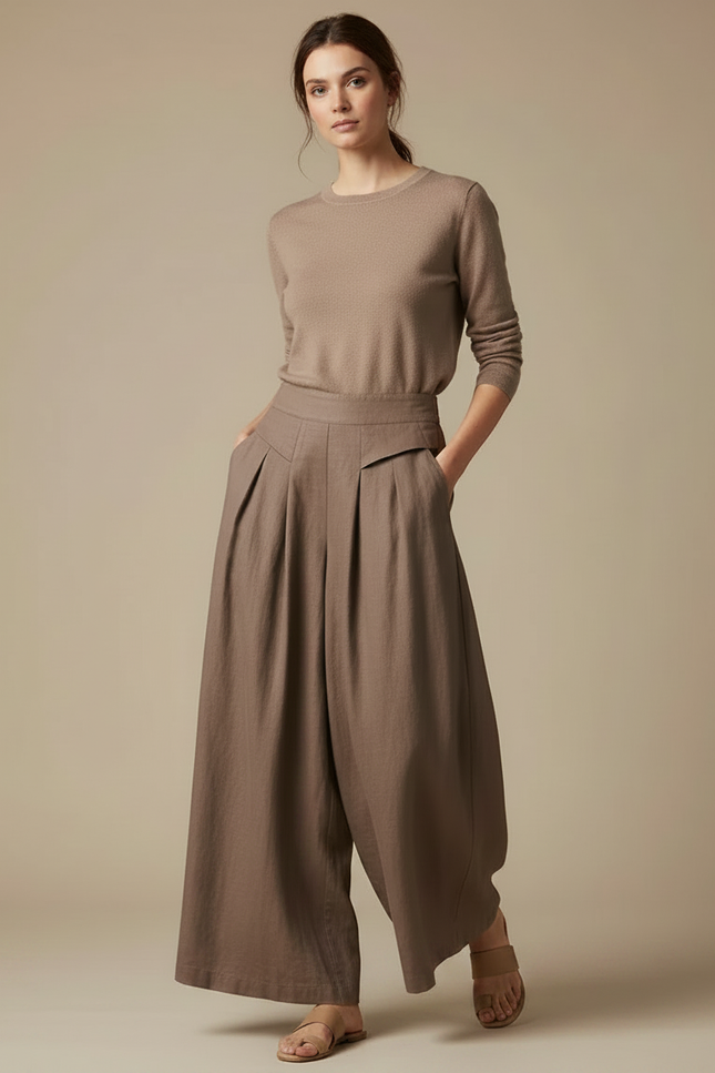 Pantalon Marron Ample Plissé Taille Haute Élégant - Lin - vue 3