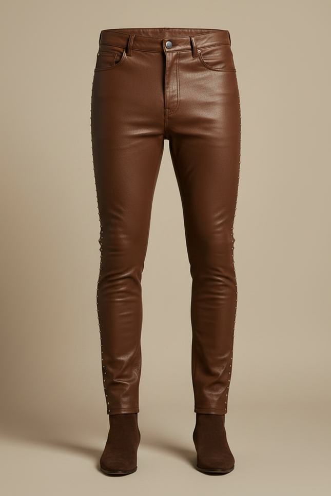 Pantalon Marron Cuir Skinny Clous Homme - vue 3