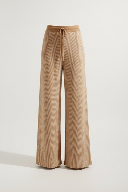 Pantalon Marron Laine Ample Chevron Tricoté Femme - Camel - vue 3