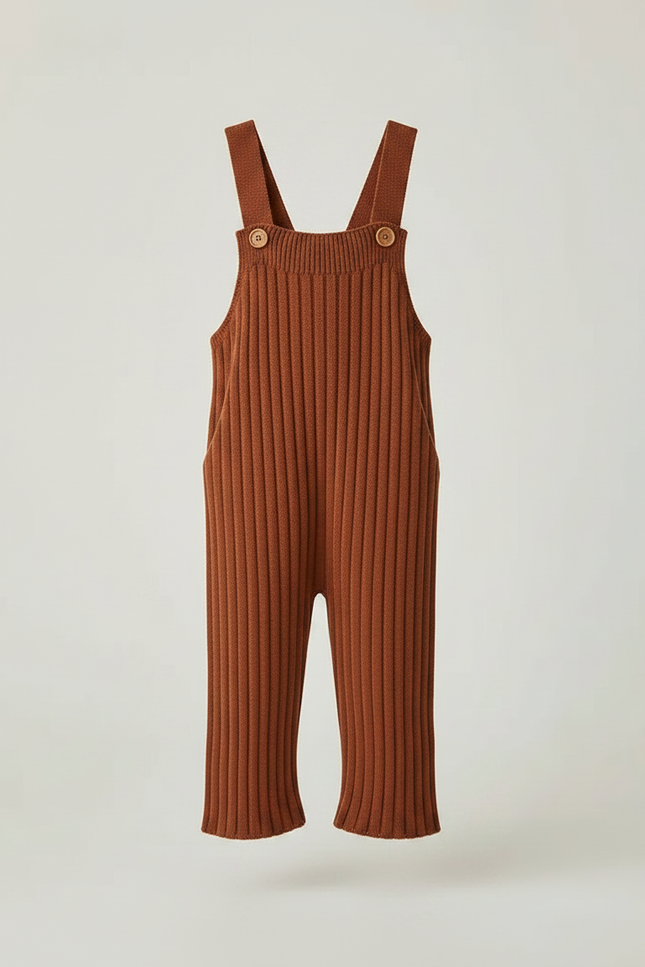 Pantalon Marron Tricoté Côtelé Confortable Salopette Enfant - Maille - vue 3