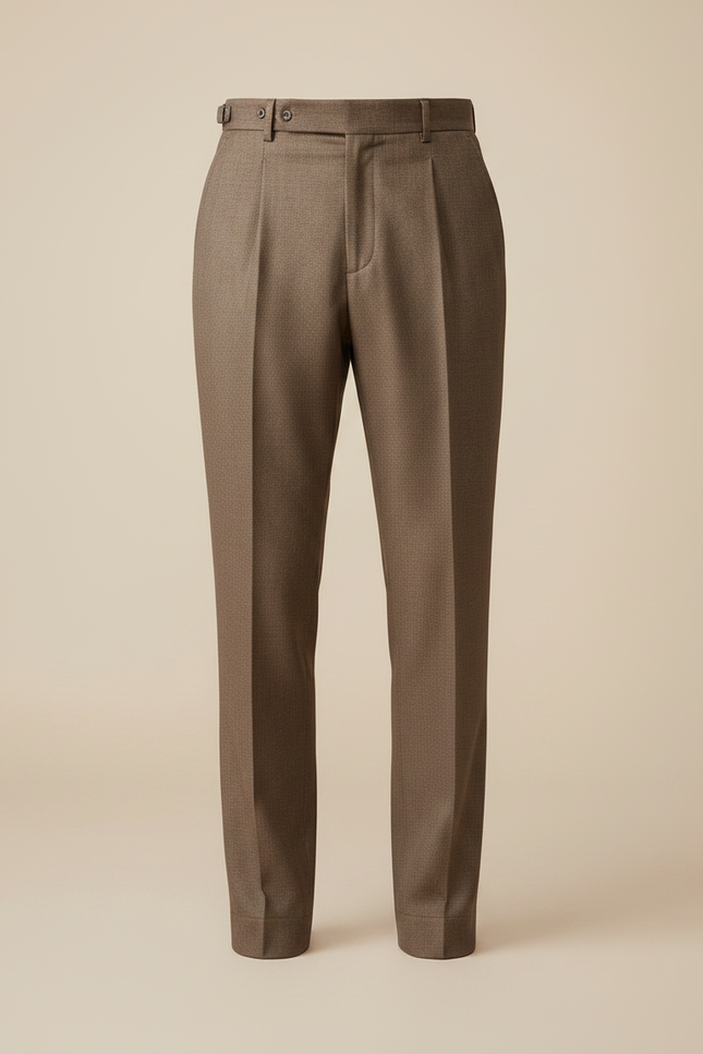 Pantalon Marron Laine Droit Plissé Élégant Homme - vue 3