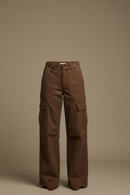 Pantalon Marron Cargo Ample Décontracté Poches Femme - Toile - vue 3
