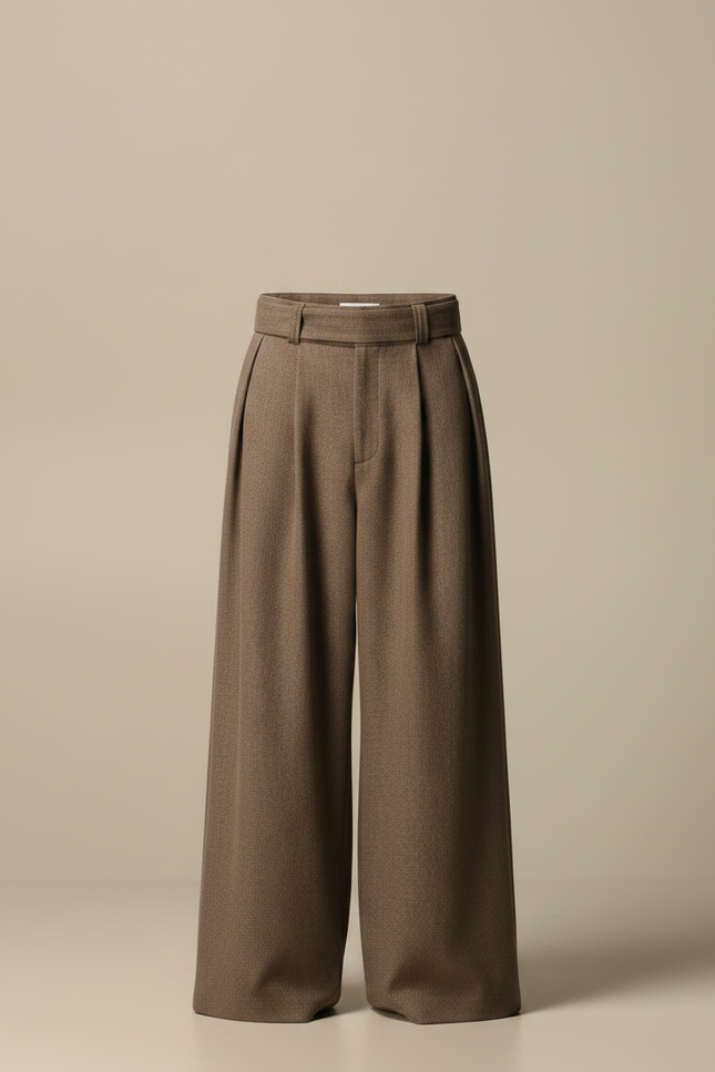 Pantalon Marron Drapé Ample Ceinturé Plissé Élégant Homme - Laine - vue 3