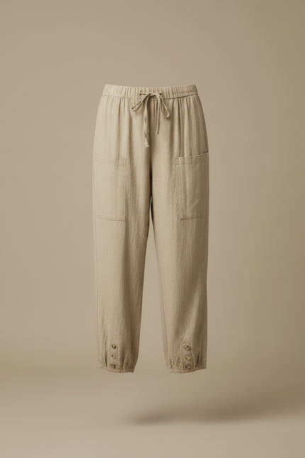 Pantalon Marron Lin Ample Décontracté Femme Cordon - Beige - vue 3