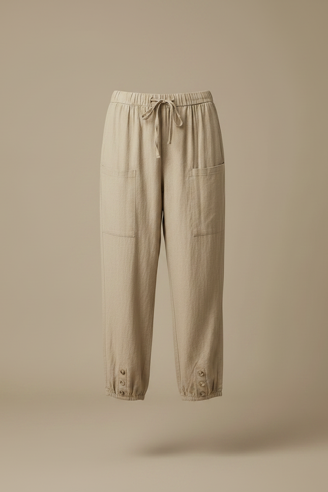 Pantalon Marron Lin Ample Décontracté Femme Cordon - Beige - vue 3