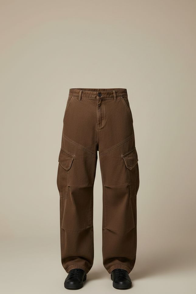 Pantalon Marron Cargo Ample Décontracté Poches - Toile - vue 3