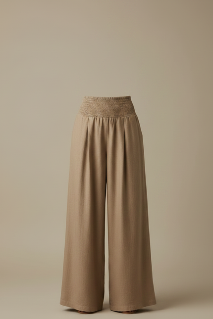 Pantalon Marron Fluide Plissé Taille Haute Élégant Femme - Lin - vue 3