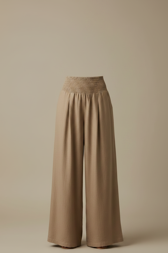 Pantalon Marron Fluide Plissé Taille Haute Élégant Femme - Lin - vue 3