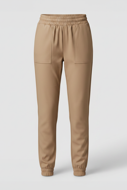 Pantalon Marron Similicuir Taille Haute Décontracté Femme - Camel Simili cuir - vue 3
