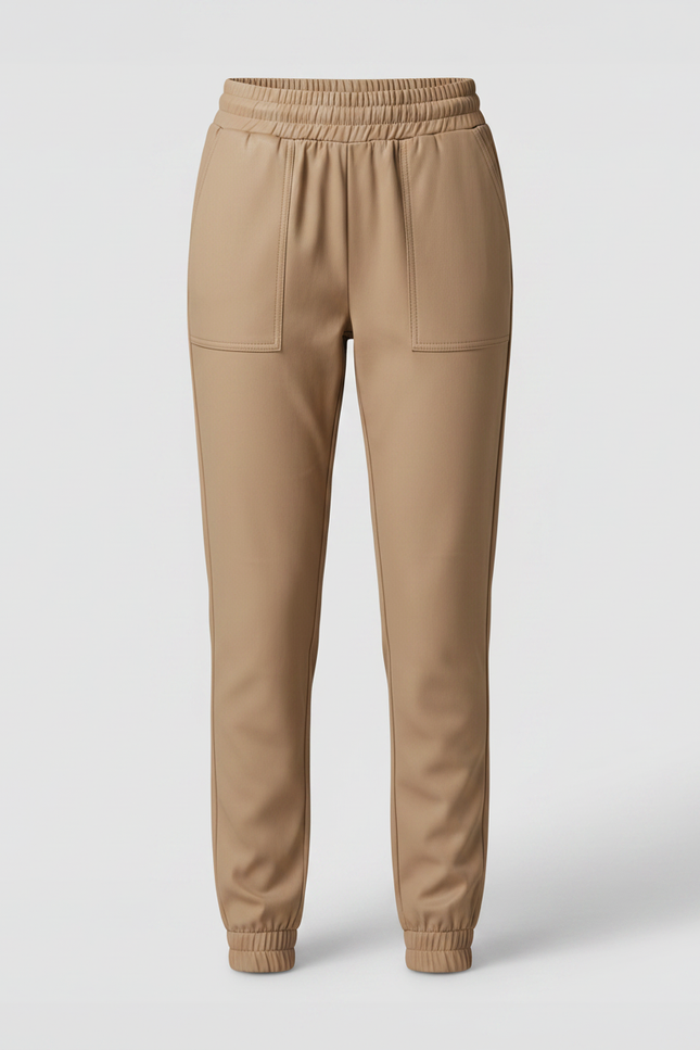 Pantalon Marron Similicuir Taille Haute Décontracté Femme - Camel Simili cuir - vue 3