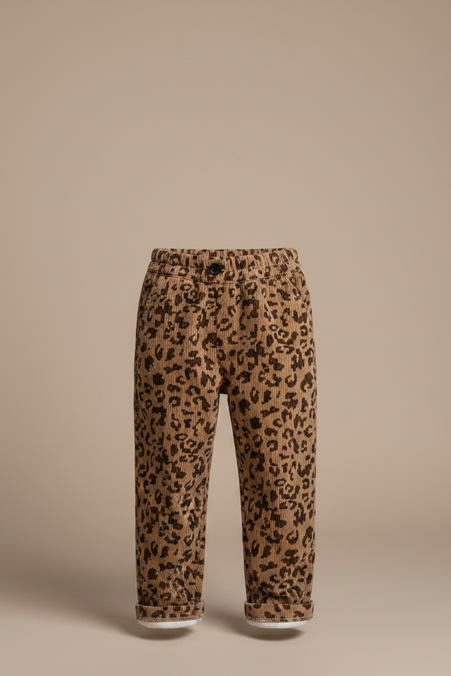 Pantalon Marron Léopard Côtelé Épais Doublé Polaire Enfant - Cordé - vue 3