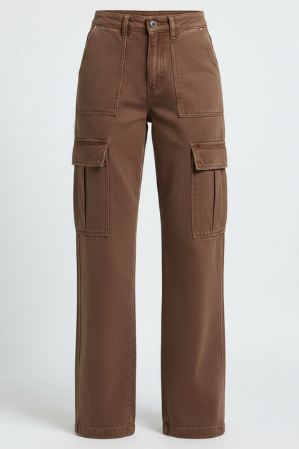 Pantalon Marron Cargo Ample Taille Haute Femme - Toile - vue 3
